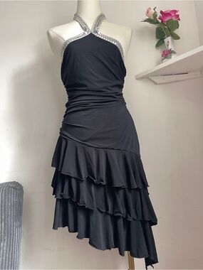 Vintage Black One-Shoulder Ruffle Dress with Silver Trim